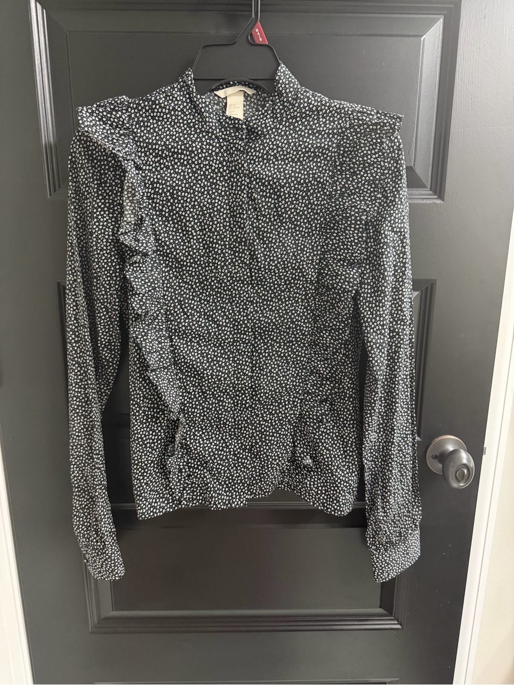 NWT H&M Black White Floral Ruffle Puff Sleeve Cotton Blouse XS